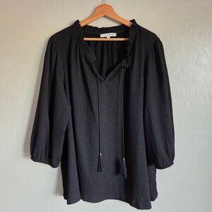 Rose + Olive Crinkle Puff Sleeve Tassel Tie Blouse V-Neck Black 2X Office Career